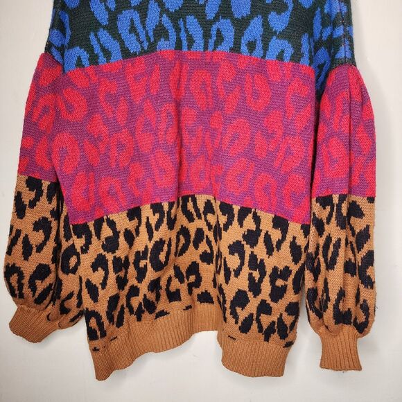 Farm Rio Striped Leopard Cardigan Sweater Open Front Womens XS Oversized - Picture 9 of 14